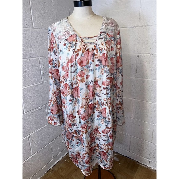 Haute Hippie Tribe Lace Floral Lace Up Boho Midi‎ Knee Length Dress Plus Size 1X - Picture 1 of 16
